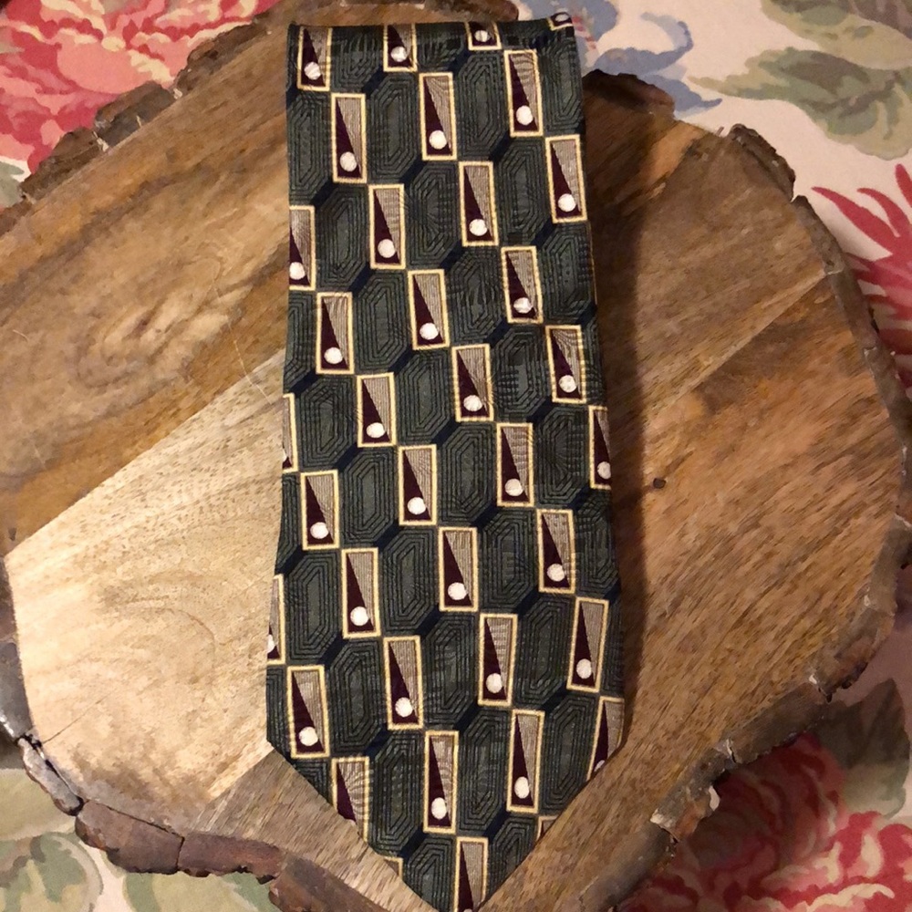 BILL BLASS Black Label Mens Silk Tie Green Gold Red Dot Square Career Luxe GOLF